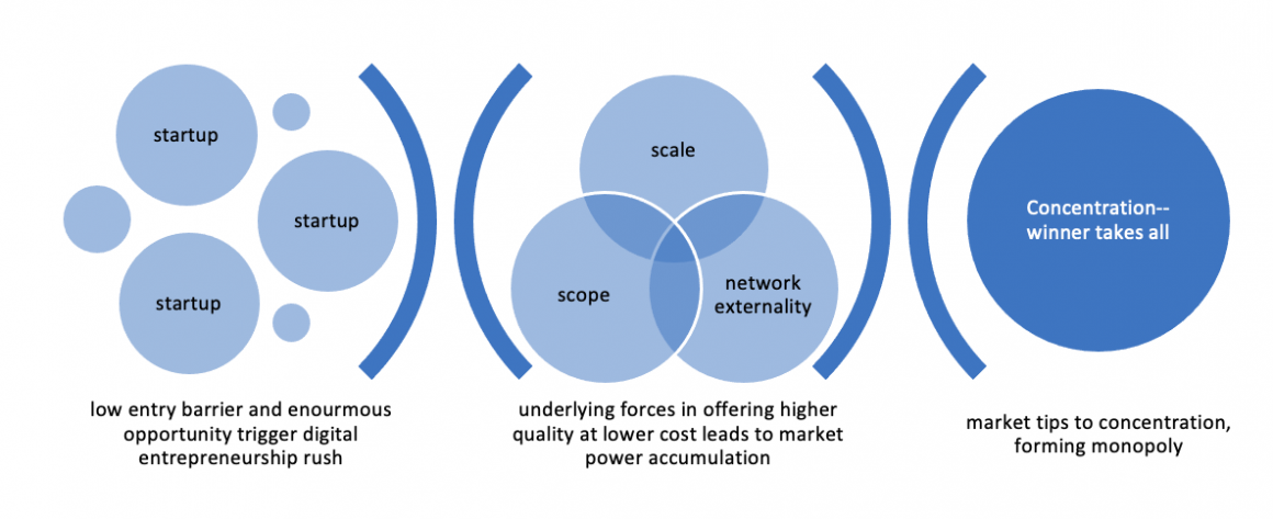 Despite low entry barrier and easy access to global market, digital entrepreneurship success is largely influenced by the capacity of attaining market power from scale, scope and network externality