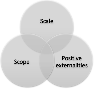 Disruptive technology characteristics include economies of scale, scope and positive externalities.