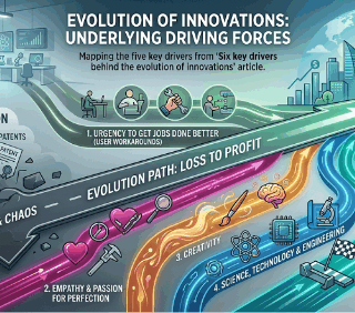 Evolution of Innovations is driven by five major forces such as jobs to be done, empathy, technology, creativity and competition
