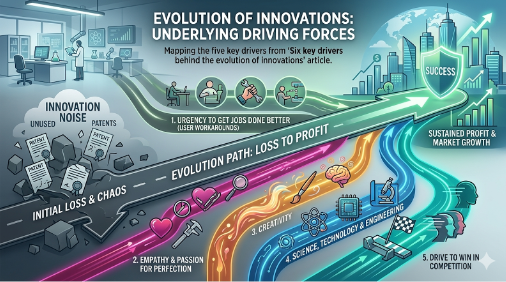 Evolution of Innovations is driven by five major forces such as jobs to be done, empathy, technology, creativity and competition