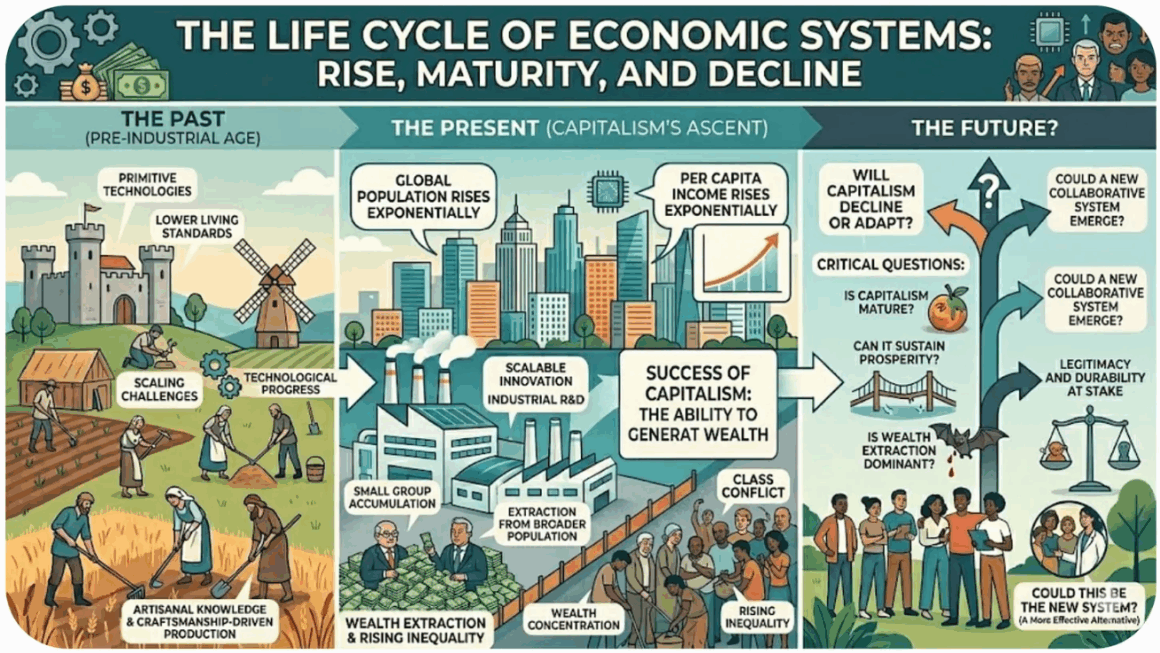 Capitalism is showing the sign of maturity due to growing monopoly, increasing innovation barriers, and wealth accumulation out valuation centric extraction