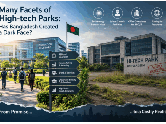 angladesh's act of building high-tech parks appears to be driven by taking loans and spending money to create a sensation and a physical sign of a high-tech economy.